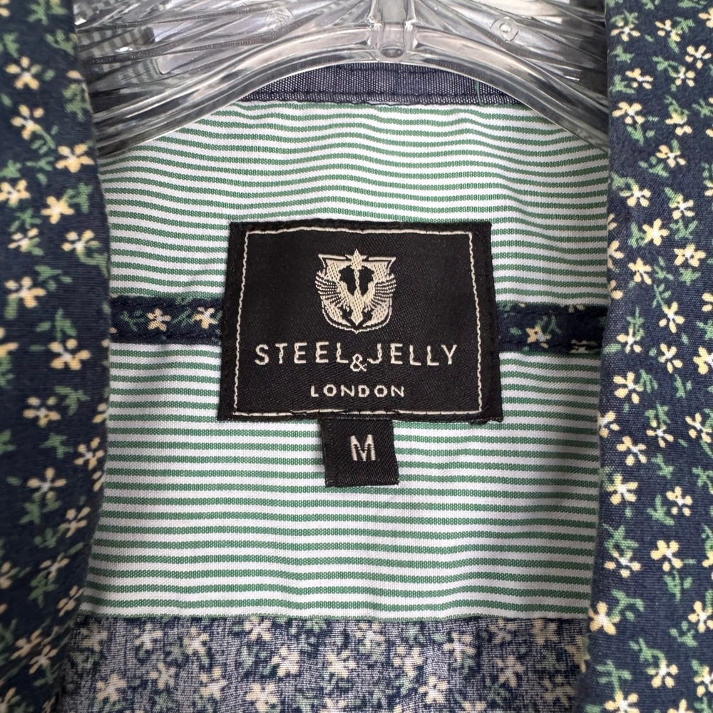 Steel & Jelly Button Up Mens Medium Navy Blue Good Floral Ditsy Print Cotton